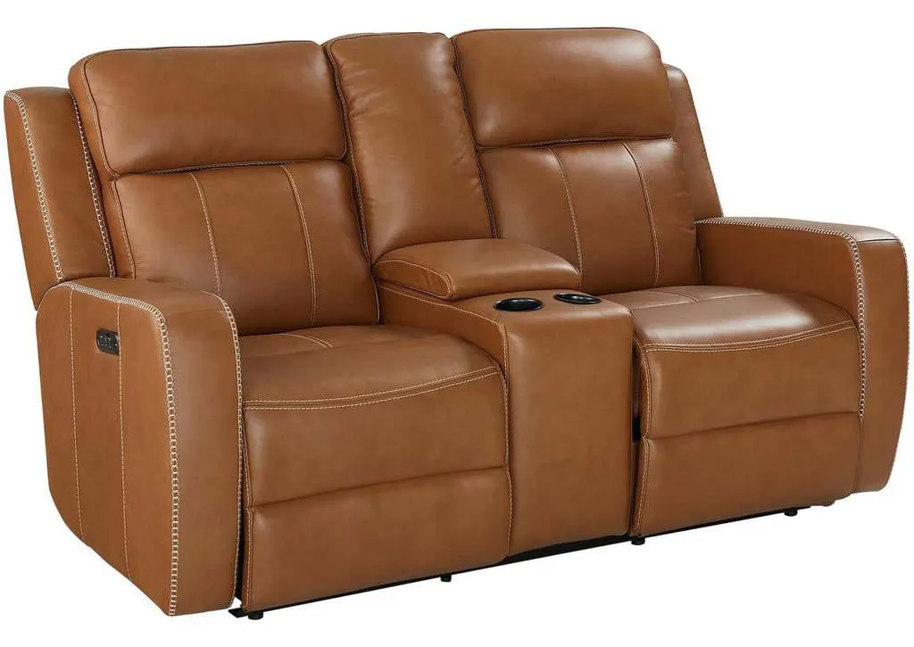 Club Level By Bassett 3752-P0T Norwood Power Motion Consoled Loveseat in Tan Leather Club Level By Bassett 3752-P0T Norwood Power Motion Consoled Loveseat in Tan Leather