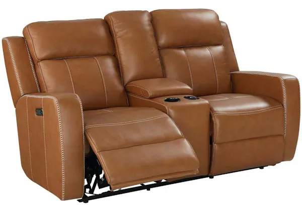 Club Level By Bassett 3752-P0T Norwood Power Motion Consoled Loveseat in Tan Leather Club Level By Bassett 3752-P0T Norwood Power Motion Consoled Loveseat in Tan Leather