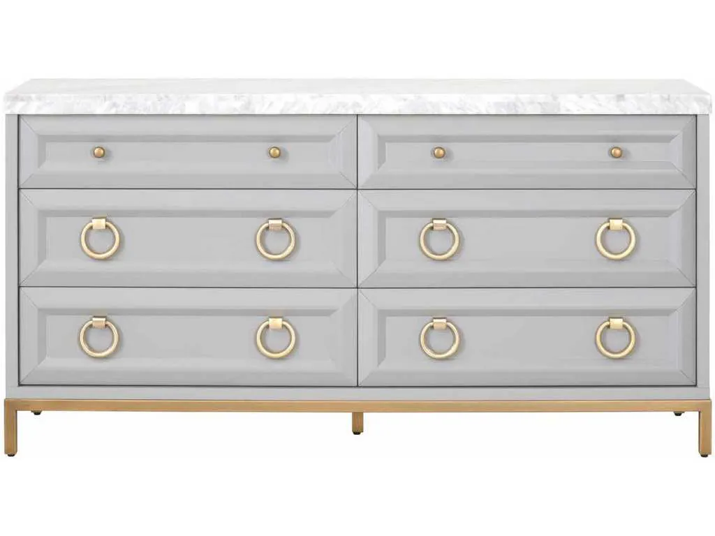 Essentials For Living 6155.DGR-BGLD/WHT  Azure Carrera 6 Drawer Double Dresser in Dove Gray White Carrera Marble Brushed Gold