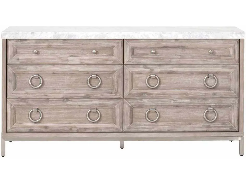 Essentials For Living 6155.NG-BSTL/WHT  Azure Carrera 6 Drawer Double Dresser in Natural Gray Acacia White Carrera Marble Brushed Stainless Steel