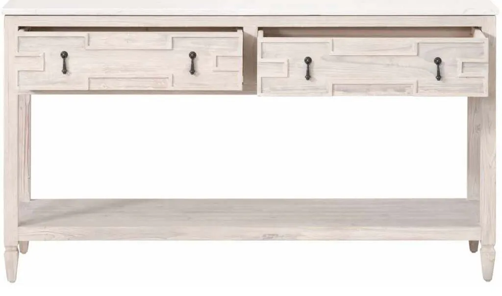 Essentials For Living 8016.WW-PNE/WHTQ Emerie 2 Drawer Entry Console in White Wash Pine White Quartz Essentials For Living 8016.WW-PNE/WHTQ Emerie 2 Drawer Entry Console in White Wash Pine White Quartz