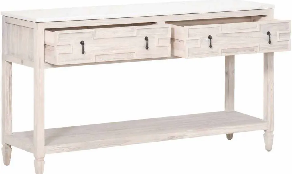 Essentials For Living 8016.WW-PNE/WHTQ Emerie 2 Drawer Entry Console in White Wash Pine White Quartz Essentials For Living 8016.WW-PNE/WHTQ Emerie 2 Drawer Entry Console in White Wash Pine White Quartz