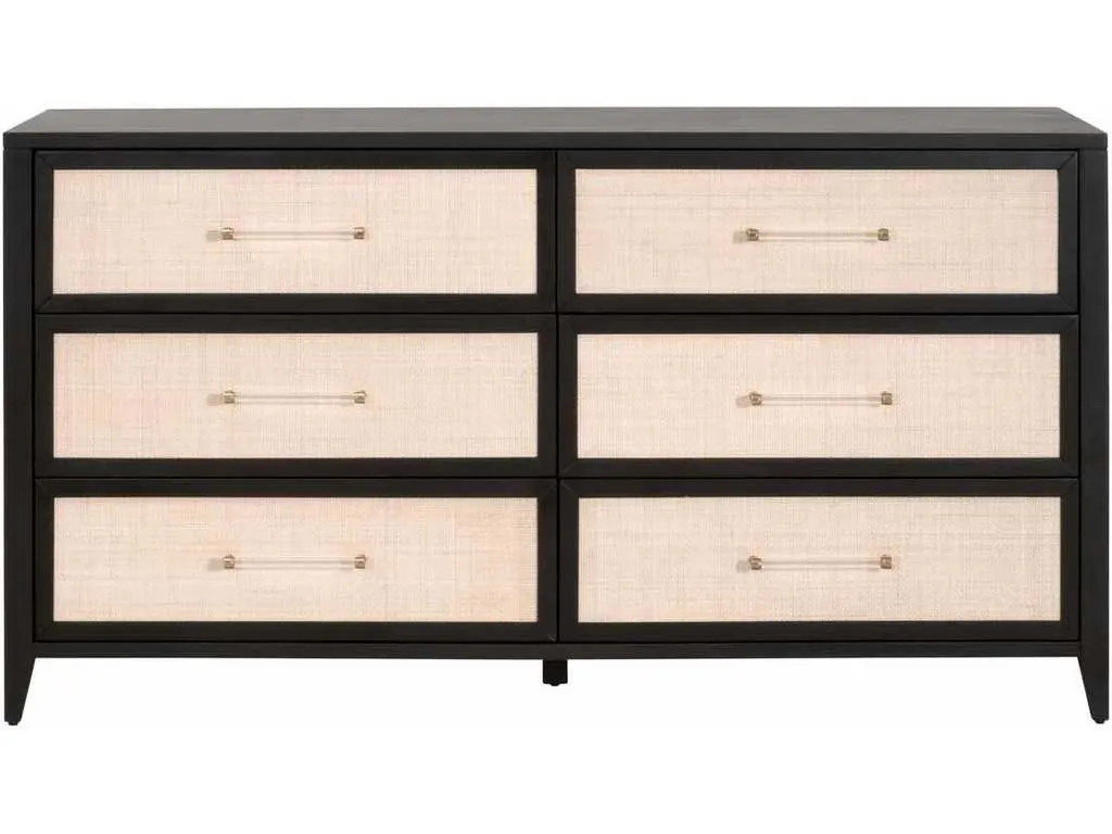 Essentials for Living 6148.B-BLK/NAT  Holland 6 Drawer Double Dresser in Brushed Black Acacia Natural Rattan