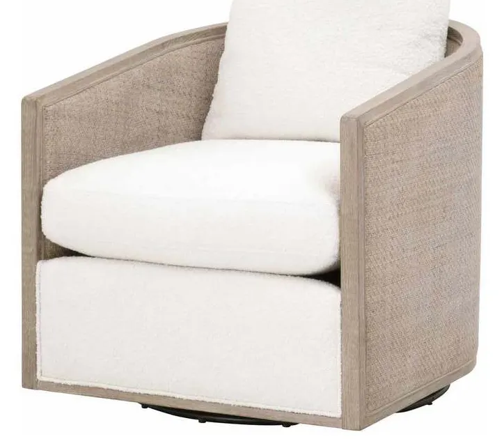 Essentials for Living 6643.BOU-SNO/NG McGuire Swivel Club Chair in Performance Boucle Snow Natural Gray Oak and Cane Essentials for Living 6643.BOU-SNO/NG McGuire Swivel Club Chair in Performance Boucle Snow Natural Gray Oak and Cane