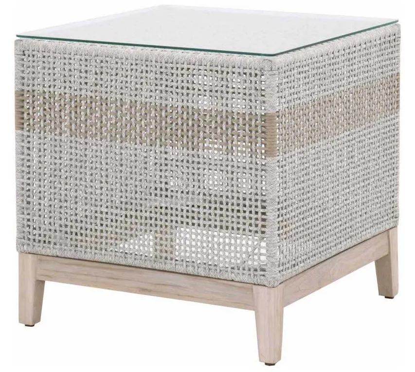 Essentials For Living 6847.WTA/GT Tapestry Outdoor End Table in Taupe and White Flat Rope Taupe Stripe Gray Teak Clear Glass Essentials For Living 6847.WTA/GT Tapestry Outdoor End Table in Taupe and White Flat Rope Taupe Stripe Gray Teak Clear Glass