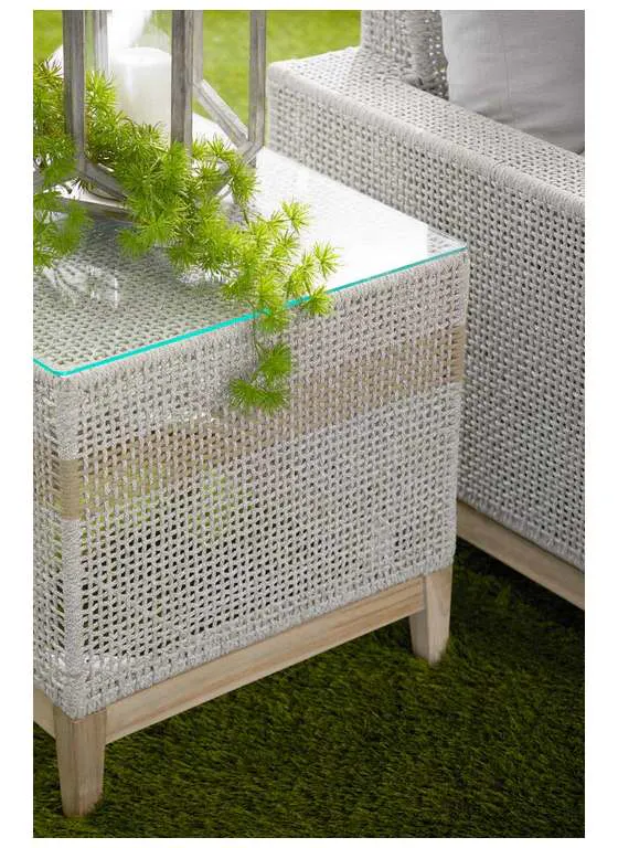 Essentials For Living 6847.WTA/GT Tapestry Outdoor End Table in Taupe and White Flat Rope Taupe Stripe Gray Teak Clear Glass Essentials For Living 6847.WTA/GT Tapestry Outdoor End Table in Taupe and White Flat Rope Taupe Stripe Gray Teak Clear Glass