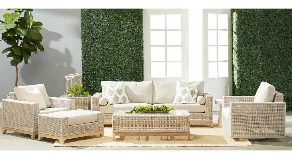 Essentials for Living 6843-0.WTA/PUM/GT Tropez Outdoor Ottoman in Taupe and White Flat Rope Performance Pumice Gray Teak Essentials for Living 6843-0.WTA/PUM/GT Tropez Outdoor Ottoman in Taupe and White Flat Rope Performance Pumice Gray Teak