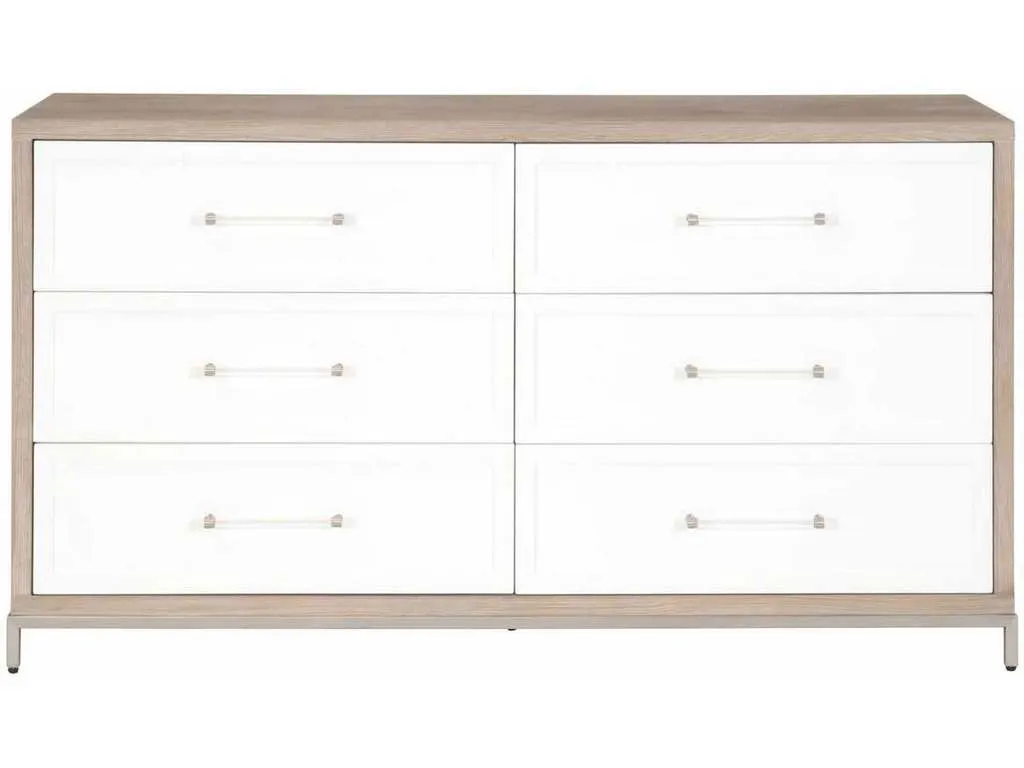 Essentials For Living 6140.NG/WHT-BSTL  Wrenn 6 Drawer Double Dresser in Natural Gray Acacia Matte White Brushed Stainless Steel