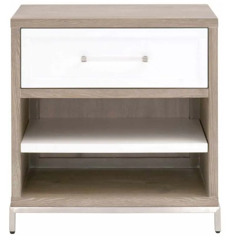 Essentials For Living 6139.NG/WHT-BSTL Wrenn 1 Drawer Nightstand in Natural Gray Acacia Matte White Brushed Stainless Steel Essentials For Living 6139.NG/WHT-BSTL Wrenn 1 Drawer Nightstand in Natural Gray Acacia Matte White Brushed Stainless Steel