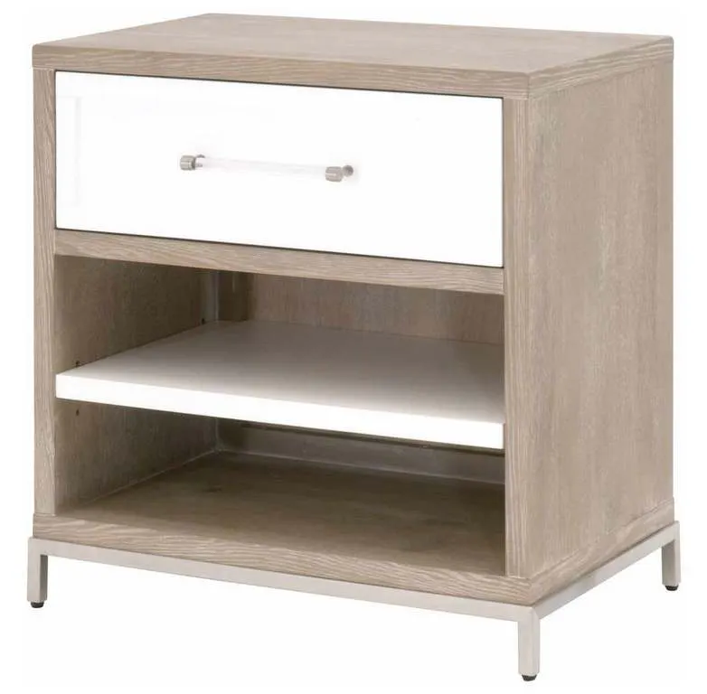 Essentials For Living 6139.NG/WHT-BSTL Wrenn 1 Drawer Nightstand in Natural Gray Acacia Matte White Brushed Stainless Steel Essentials For Living 6139.NG/WHT-BSTL Wrenn 1 Drawer Nightstand in Natural Gray Acacia Matte White Brushed Stainless Steel