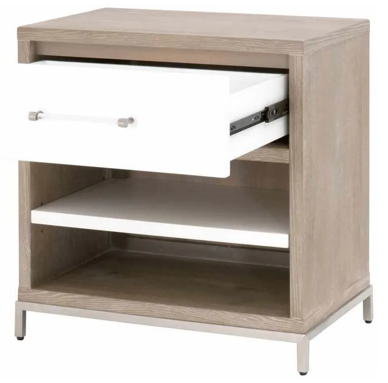 Essentials For Living 6139.NG/WHT-BSTL Wrenn 1 Drawer Nightstand in Natural Gray Acacia Matte White Brushed Stainless Steel Essentials For Living 6139.NG/WHT-BSTL Wrenn 1 Drawer Nightstand in Natural Gray Acacia Matte White Brushed Stainless Steel