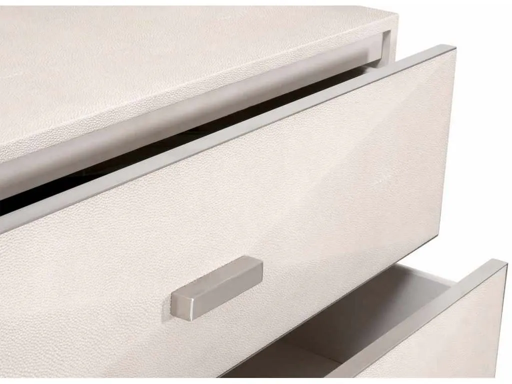 Essentials For Living 6157.WHT-SHG/BSTL Wynn Shagreen 3 Drawer Nightstand in White Shagreen Brushed Stainless Steel Essentials For Living 6157.WHT-SHG/BSTL Wynn Shagreen 3 Drawer Nightstand in White Shagreen Brushed Stainless Steel