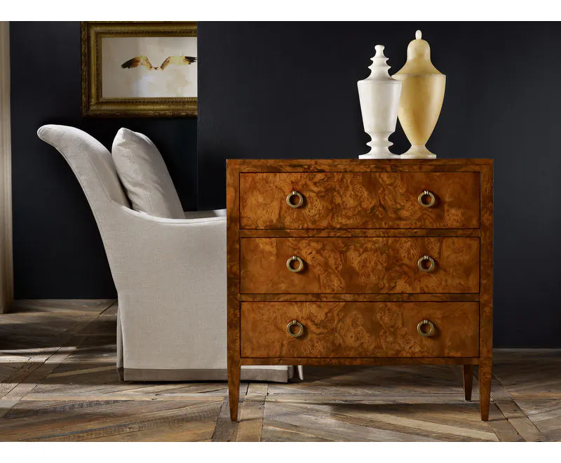 Modern History MH495F01 Three Drawer Chest on Legs Burl Modern History MH495F01 Three Drawer Chest on Legs Burl