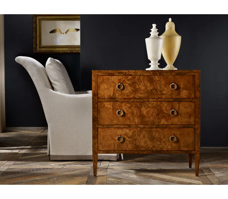 Modern History MH495F01 Three Drawer Chest on Legs Burl Modern History MH495F01 Three Drawer Chest on Legs Burl