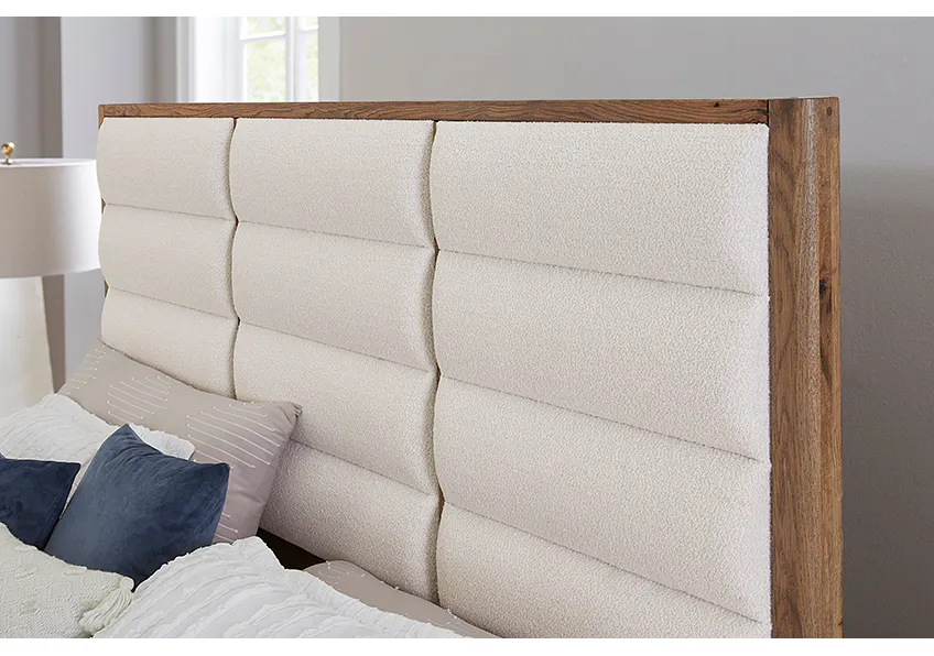 Vaughan Bassett 790-551A-155A-822A Crafted Oak Erin's Queen Upholstered Bed White Fabric Natural Finish Vaughan Bassett 790-551A-155A-822A Crafted Oak Erin's Queen Upholstered Bed White Fabric Natural Finish