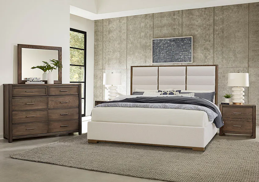 Vaughan Bassett 793-661A-166A-822A Crafted Oak Erin's King Upholstered Bed White Fabric Aged Gray Finish Vaughan Bassett 793-661A-166A-822A Crafted Oak Erin's King Upholstered Bed White Fabric Aged Gray Finish