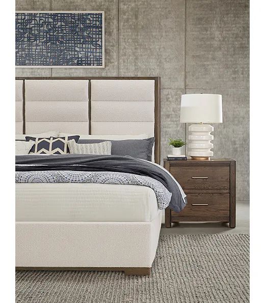 Vaughan Bassett 793-551A-155A-822A Crafted Oak Erin's Queen Upholstered Bed White Fabric Aged Gray Finish Vaughan Bassett 793-551A-155A-822A Crafted Oak Erin's Queen Upholstered Bed White Fabric Aged Gray Finish