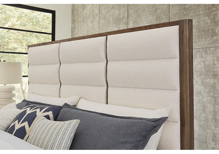 Vaughan Bassett 793-661A-166A-822A Crafted Oak Erin's King Upholstered Bed White Fabric Aged Gray Finish Vaughan Bassett 793-661A-166A-822A Crafted Oak Erin's King Upholstered Bed White Fabric Aged Gray Finish
