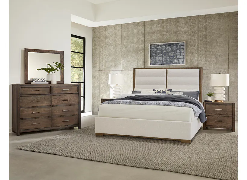 Vaughan Bassett 793-551A-155A-822A Crafted Oak Erin's Queen Upholstered Bed White Fabric Aged Gray Finish Vaughan Bassett 793-551A-155A-822A Crafted Oak Erin's Queen Upholstered Bed White Fabric Aged Gray Finish