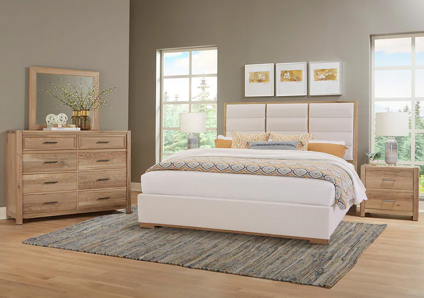 Vaughan Bassett 795-661A-166A-822A Crafted Oak Erin's King Upholstered Bed White Fabric Bleached White Finish Vaughan Bassett 795-661A-166A-822A Crafted Oak Erin's King Upholstered Bed White Fabric Bleached White Finish