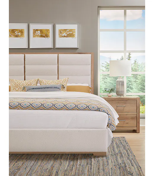 Vaughan Bassett 795-661A-166A-822A Crafted Oak Erin's King Upholstered Bed White Fabric Bleached White Finish Vaughan Bassett 795-661A-166A-822A Crafted Oak Erin's King Upholstered Bed White Fabric Bleached White Finish