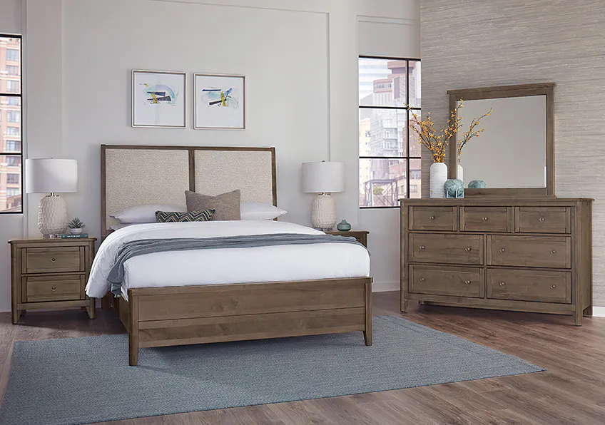 Vaughan Bassett 820-661-166-062-944-MS1 Woodbridge California King Bed Grey Fabric Dark Cashmere Finish Vaughan Bassett 820-661-166-062-944-MS1 Woodbridge California King Bed Grey Fabric Dark Cashmere Finish