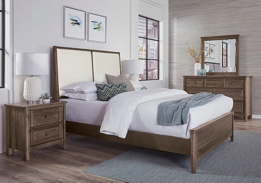 Vaughan Bassett 820-551-155-051-922 Woodbridge Queen Upholstered Bed White Fabric Dark Cashmere Finish Vaughan Bassett 820-551-155-051-922 Woodbridge Queen Upholstered Bed White Fabric Dark Cashmere Finish