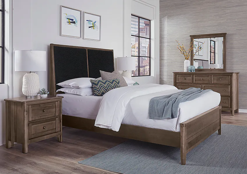 Vaughan Bassett 820-551-155-053-922 Woodbridge Queen Upholstered Bed Black Fabric Dark Cashmere Finish Vaughan Bassett 820-551-155-053-922 Woodbridge Queen Upholstered Bed Black Fabric Dark Cashmere Finish