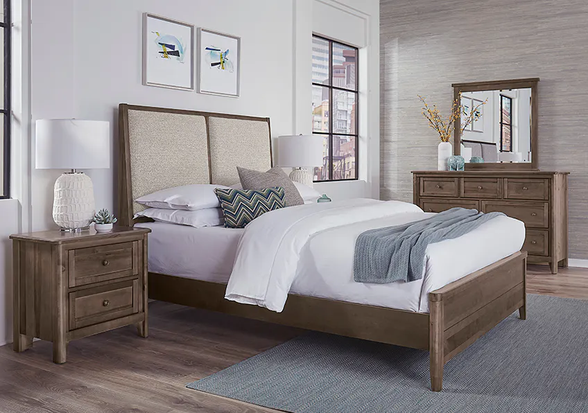Vaughan Bassett 820-551-155-052-922 Woodbridge Queen Upholstered Bed Grey Fabric Dark Cashmere Finish Vaughan Bassett 820-551-155-052-922 Woodbridge Queen Upholstered Bed Grey Fabric Dark Cashmere Finish