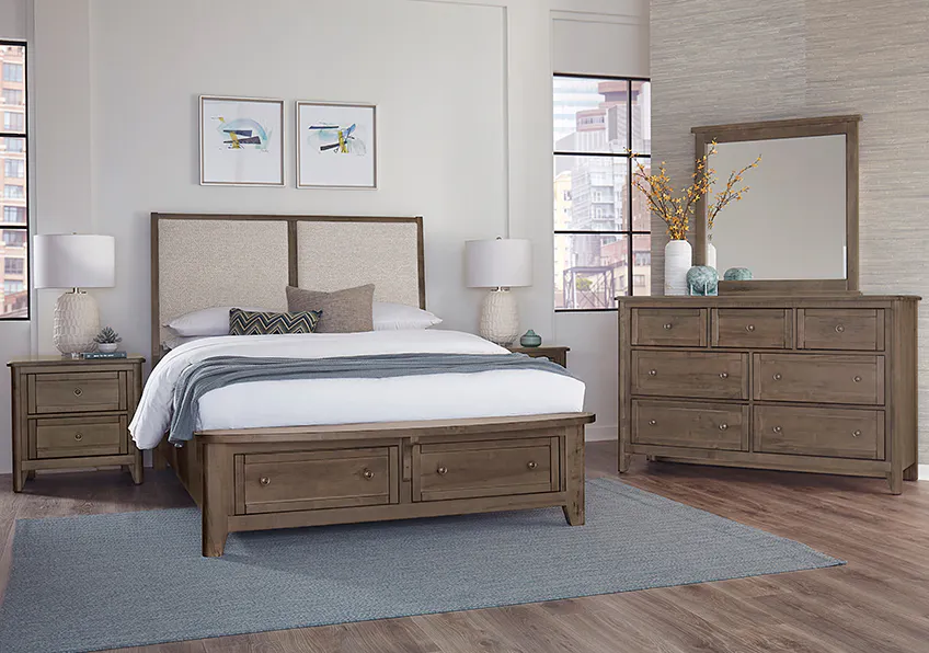 Vaughan Bassett 820-551-052-050B-502-555 Woodbridge Queen Upholstered Bed with Storage Grey Fabric Dark Cashmere Finish Vaughan Bassett 820-551-052-050B-502-555 Woodbridge Queen Upholstered Bed with Storage Grey Fabric Dark Cashmere Finish