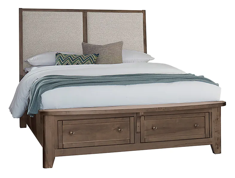 Vaughan Bassett 820-551-052-050B-502-555 Woodbridge Queen Upholstered Bed with Storage Grey Fabric Dark Cashmere Finish Vaughan Bassett 820-551-052-050B-502-555 Woodbridge Queen Upholstered Bed with Storage Grey Fabric Dark Cashmere Finish