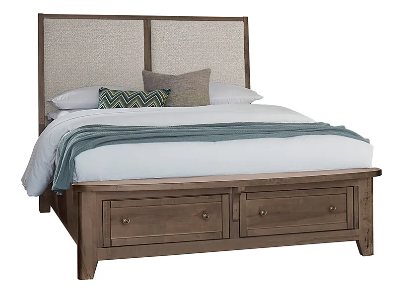 Vaughan Bassett 820-551-052-050B-502-555 Woodbridge Queen Upholstered Bed with Storage Grey Fabric Dark Cashmere Finish Vaughan Bassett 820-551-052-050B-502-555 Woodbridge Queen Upholstered Bed with Storage Grey Fabric Dark Cashmere Finish
