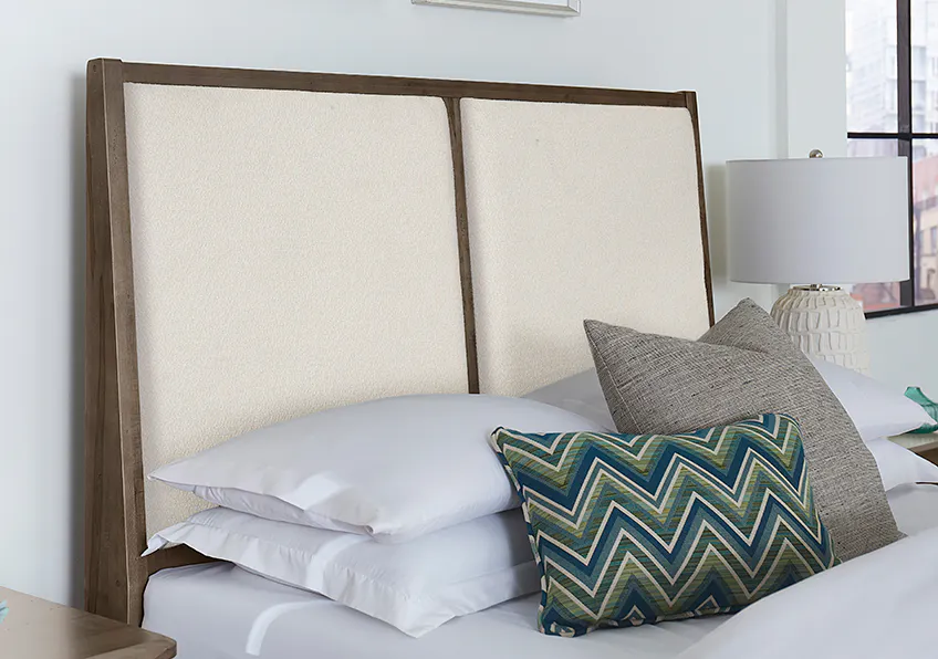 Vaughan Bassett 820-551-051-050B-502-555 Woodbridge Queen Upholstered Bed with Storage White Fabric Dark Cashmere Finish Vaughan Bassett 820-551-051-050B-502-555 Woodbridge Queen Upholstered Bed with Storage White Fabric Dark Cashmere Finish