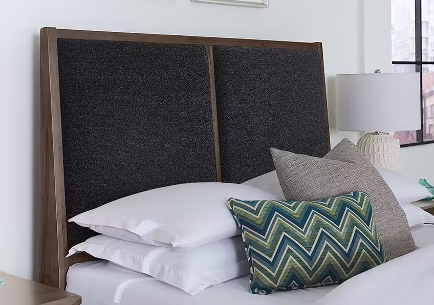 Vaughan Bassett 820-551-155-053-922 Woodbridge Queen Upholstered Bed Black Fabric Dark Cashmere Finish Vaughan Bassett 820-551-155-053-922 Woodbridge Queen Upholstered Bed Black Fabric Dark Cashmere Finish