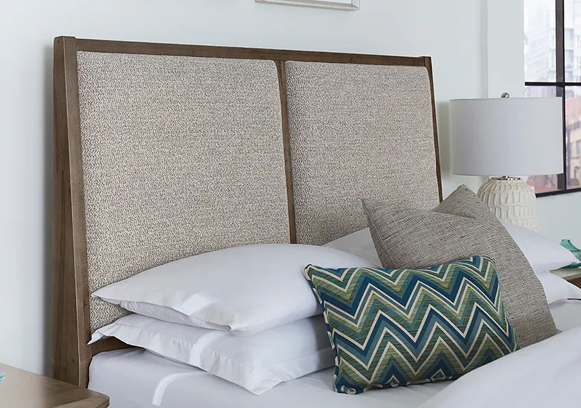 Vaughan Bassett 820-551-052-050B-502-555 Woodbridge Queen Upholstered Bed with Storage Grey Fabric Dark Cashmere Finish Vaughan Bassett 820-551-052-050B-502-555 Woodbridge Queen Upholstered Bed with Storage Grey Fabric Dark Cashmere Finish
