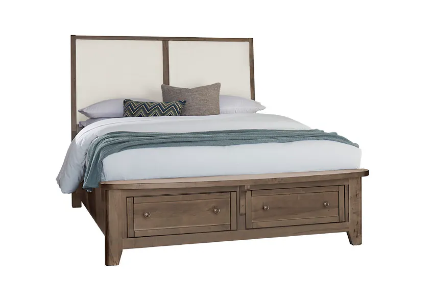 Vaughan Bassett 820-661-061-066B-502-666 Woodbridge King Upholstered Bed with Storage White Fabric Dark Cashmere Finish