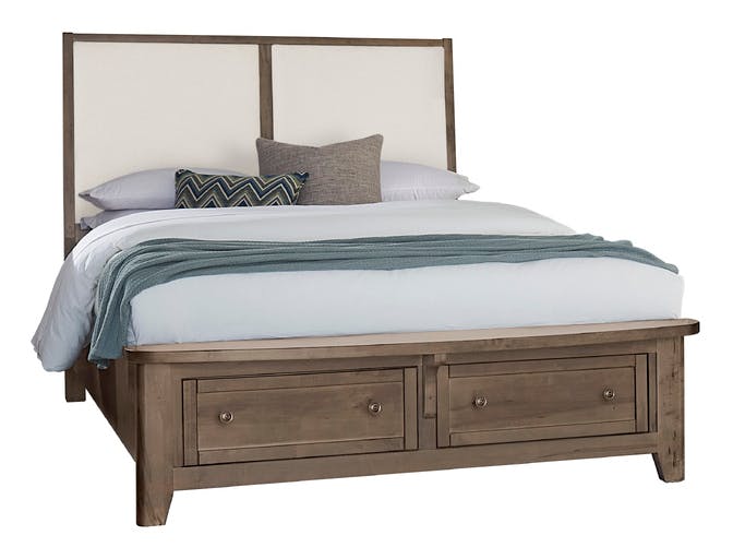 Vaughan Bassett 820-551-051-050B-502-555 Woodbridge Queen Upholstered Bed with Storage White Fabric Dark Cashmere Finish Vaughan Bassett 820-551-051-050B-502-555 Woodbridge Queen Upholstered Bed with Storage White Fabric Dark Cashmere Finish