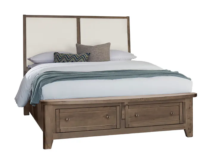 Vaughan Bassett 820-551-051-050B-502-555 Woodbridge Queen Upholstered Bed with Storage White Fabric Dark Cashmere Finish Vaughan Bassett 820-551-051-050B-502-555 Woodbridge Queen Upholstered Bed with Storage White Fabric Dark Cashmere Finish