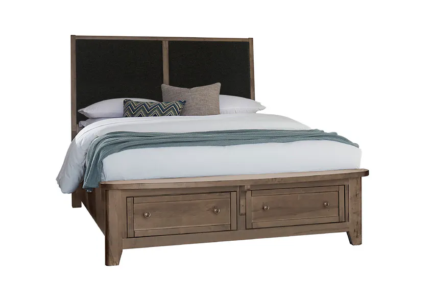 Vaughan Bassett 820-661-063-066B-502-666 Woodbridge King Upholstered Bed with Storage Black Fabric Dark Cashmere Finish