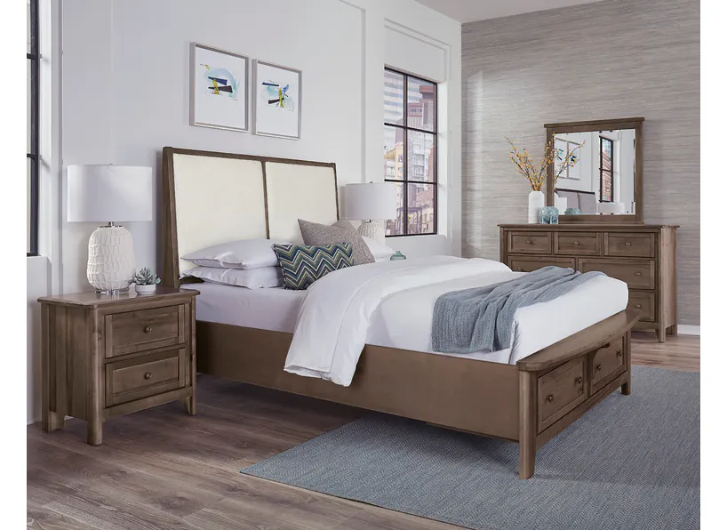 Vaughan Bassett 820-551-051-050B-502-555 Woodbridge Queen Upholstered Bed with Storage White Fabric Dark Cashmere Finish Vaughan Bassett 820-551-051-050B-502-555 Woodbridge Queen Upholstered Bed with Storage White Fabric Dark Cashmere Finish