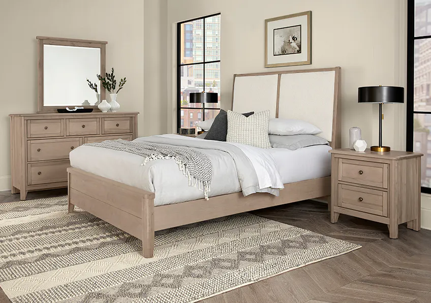 Vaughan Bassett 821-661-166-061-944-MS1 Woodbridge California King Upholstered Bed White Fabric Shadow Grey Finish Vaughan Bassett 821-661-166-061-944-MS1 Woodbridge California King Upholstered Bed White Fabric Shadow Grey Finish