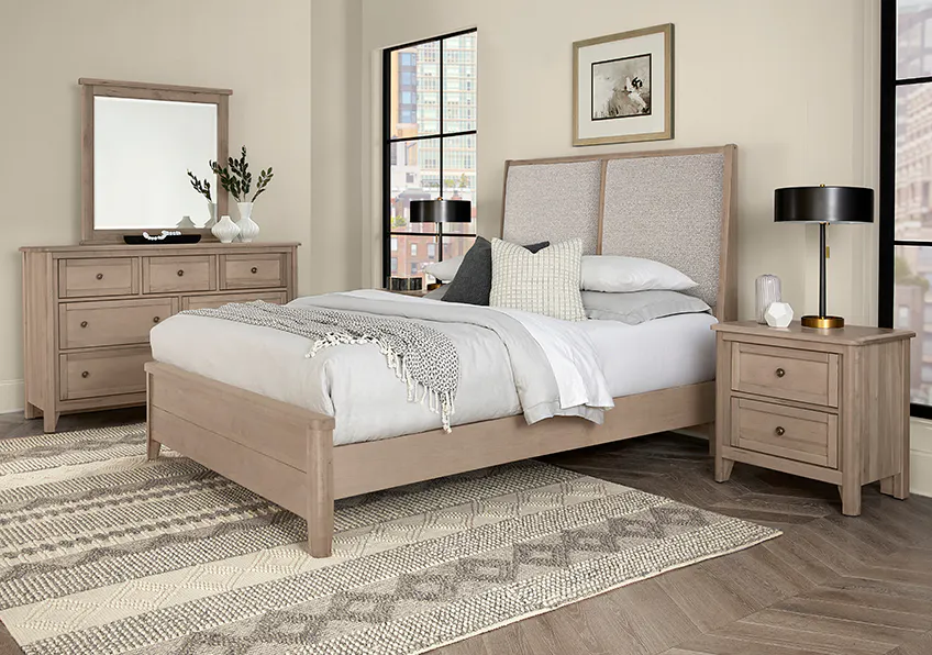 Vaughan Bassett 821-661-166-062-944-MS1 Woodbridge California King Upholstered Bed Grey Fabric Shadow Grey Finish Vaughan Bassett 821-661-166-062-944-MS1 Woodbridge California King Upholstered Bed Grey Fabric Shadow Grey Finish