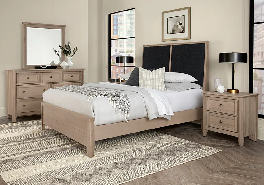 Vaughan Bassett 821-661-166-063-944-MS1 Woodbridge California King Upholstered Bed Black Fabric Shadow Grey Finish Vaughan Bassett 821-661-166-063-944-MS1 Woodbridge California King Upholstered Bed Black Fabric Shadow Grey Finish