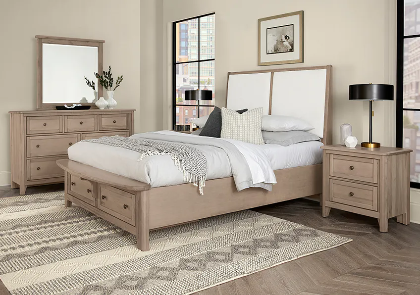 Vaughan Bassett 821-551-051-050B-502-555 Woodbridge Queen Upholstered Bed with Storage White Fabric Shadow Grey Finish Vaughan Bassett 821-551-051-050B-502-555 Woodbridge Queen Upholstered Bed with Storage White Fabric Shadow Grey Finish