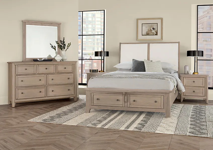 Vaughan Bassett 821-551-051-050B-502-555 Woodbridge Queen Upholstered Bed with Storage White Fabric Shadow Grey Finish Vaughan Bassett 821-551-051-050B-502-555 Woodbridge Queen Upholstered Bed with Storage White Fabric Shadow Grey Finish
