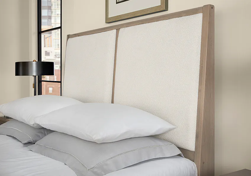 Vaughan Bassett 821-551-051-050B-502-555 Woodbridge Queen Upholstered Bed with Storage White Fabric Shadow Grey Finish Vaughan Bassett 821-551-051-050B-502-555 Woodbridge Queen Upholstered Bed with Storage White Fabric Shadow Grey Finish