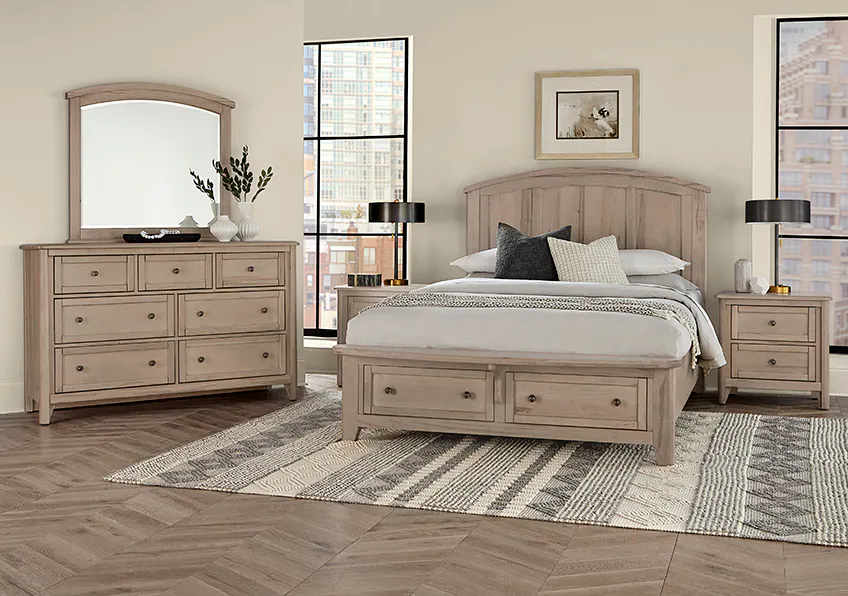 Vaughan Bassett 821-667-066B-502-666 Woodbridge King Arch Bed with Storage Footboard Shadown Grey Finish Vaughan Bassett 821-667-066B-502-666 Woodbridge King Arch Bed with Storage Footboard Shadown Grey Finish
