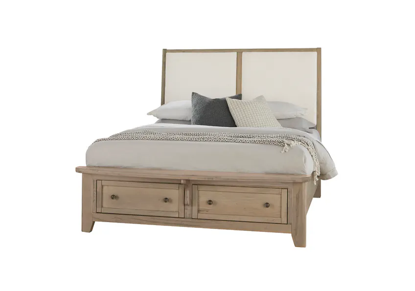 Vaughan Bassett 821-661-061-066B-502-666 Woodbridge King Upholstered Bed with Storage White Fabric Shadow Grey Finish