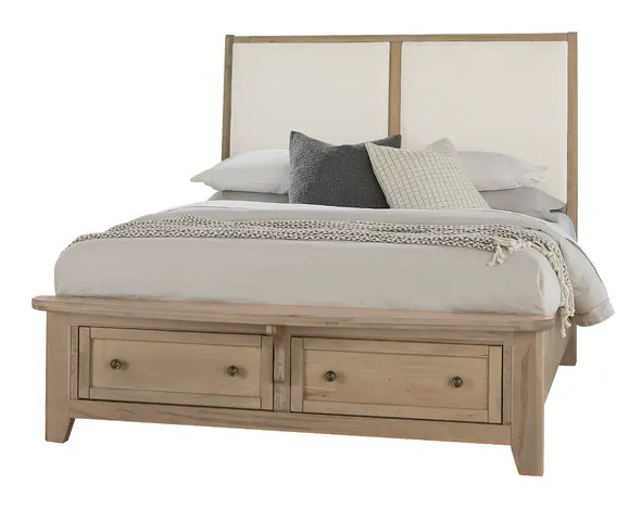 Vaughan Bassett 821-551-051-050B-502-555 Woodbridge Queen Upholstered Bed with Storage White Fabric Shadow Grey Finish Vaughan Bassett 821-551-051-050B-502-555 Woodbridge Queen Upholstered Bed with Storage White Fabric Shadow Grey Finish