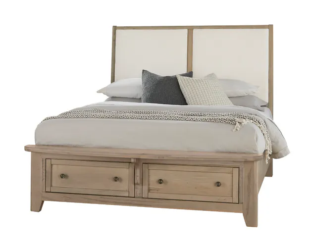 Vaughan Bassett 821-551-051-050B-502-555 Woodbridge Queen Upholstered Bed with Storage White Fabric Shadow Grey Finish Vaughan Bassett 821-551-051-050B-502-555 Woodbridge Queen Upholstered Bed with Storage White Fabric Shadow Grey Finish